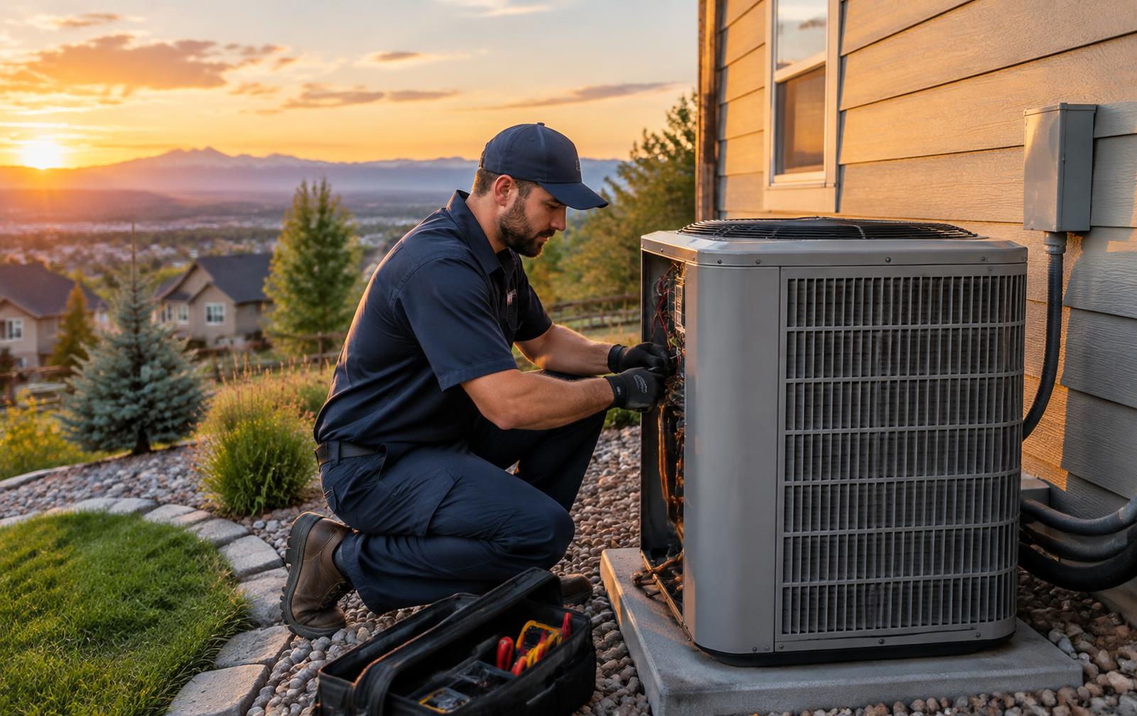 HVAC technician servicing a residential air conditioner in Denver